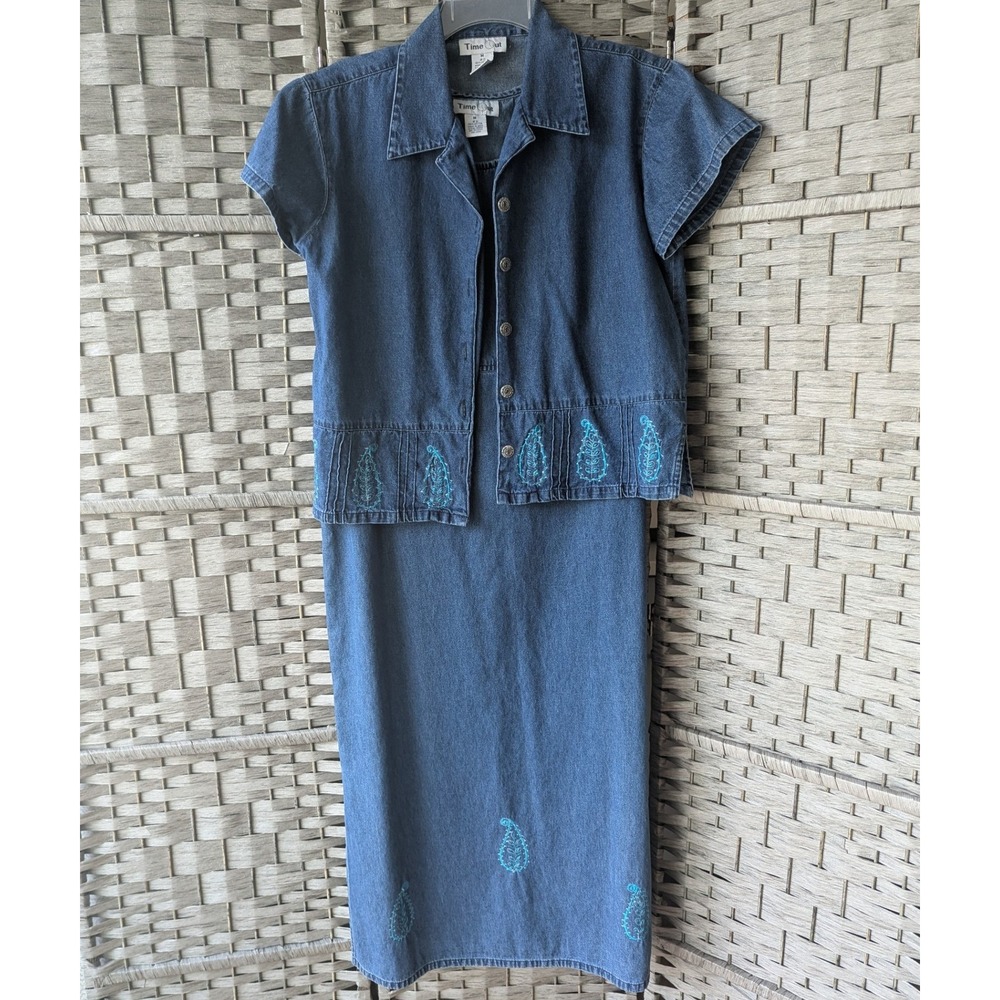 Vtg 90s Denim 2 Pc Set Shift Dress Short Sleeve Top Paisley Embroidered Artsy
